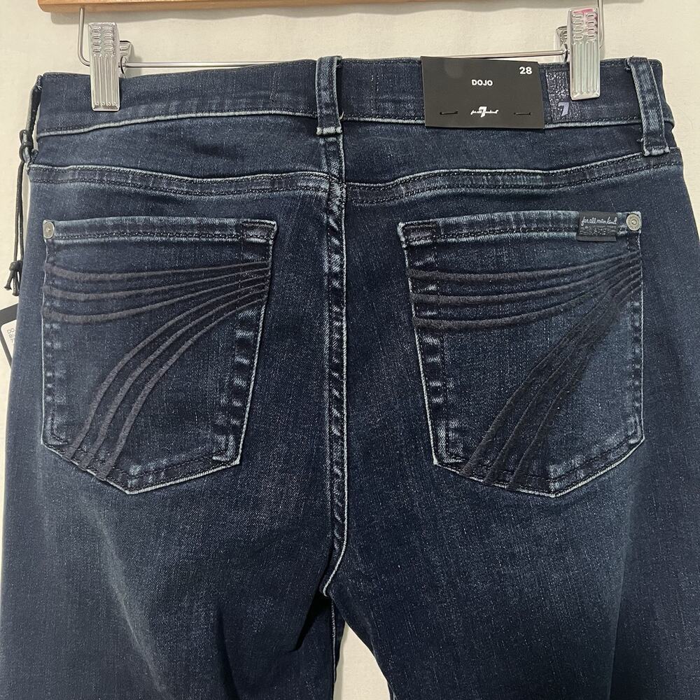 NEW 7 For All Mankind Dojo Jeans Womens 28 Blue Flare Leg Stretch Denim DarkWash